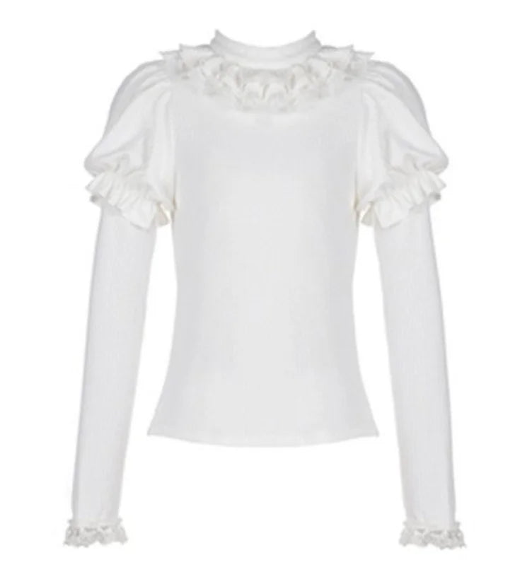 Lolita Lace Puff Sleeve Kawaii Sweet Sweater Women Japanese Knitted Pullover Bow Patchwork Y2k Aesthetic Jumper Harajuku Fashion