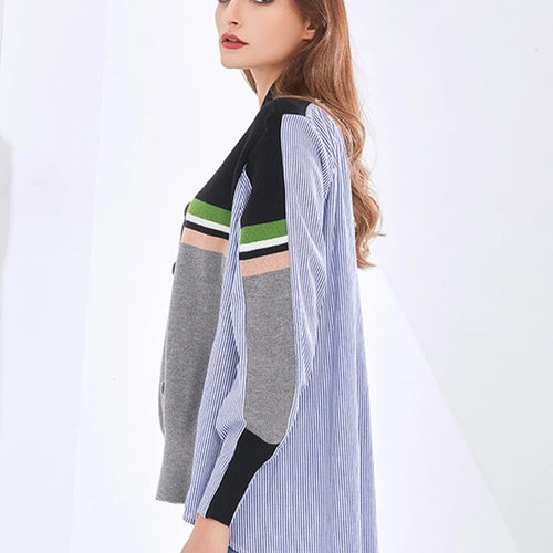 Load image into Gallery viewer, Hit Color Striped Shirts For Women V Neck Lantern Sleeve Streetwear Autumn Blouse Female Fashion Clothing
