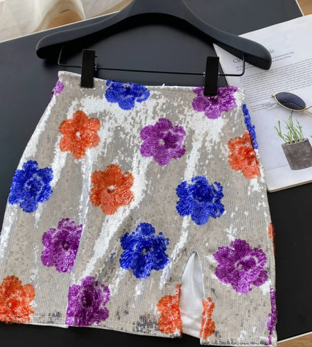 French Women Fashion Floral Sequined Sexy Club Zipper Mini Skirt Vintage High Waist Lady Split Short Skirts Spring Summer Trendy