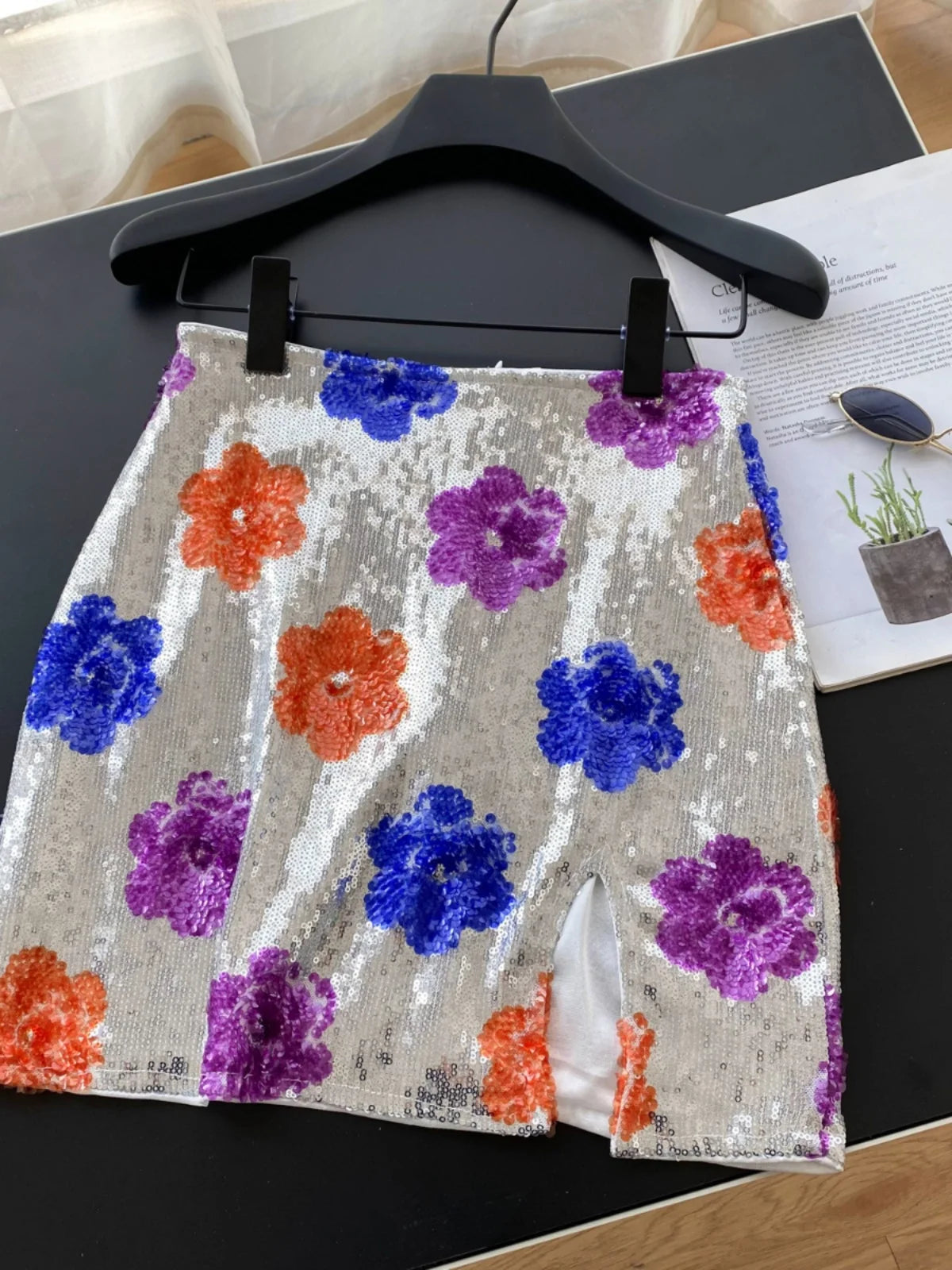 French Women Fashion Floral Sequined Sexy Club Zipper Mini Skirt Vintage High Waist Lady Split Short Skirts Spring Summer Trendy