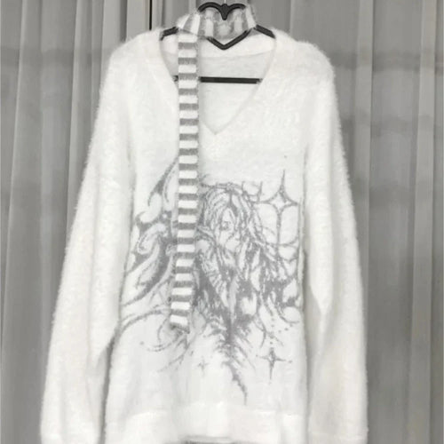 Load image into Gallery viewer, Korean V-neck Loose Harajuku Knitted Pullovers Vintage Print Striped Scarf Jumpers Y2k Grunge Casual Sweaters Women Streetwear
