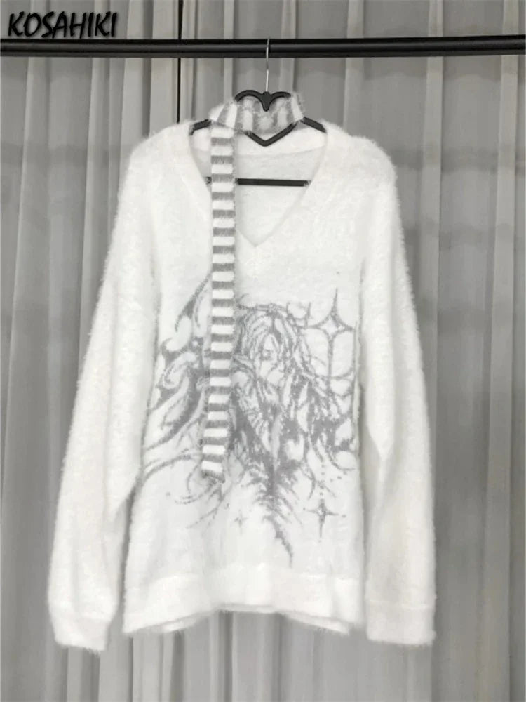 Korean V-neck Loose Harajuku Knitted Pullovers Vintage Print Striped Scarf Jumpers Y2k Grunge Casual Sweaters Women Streetwear