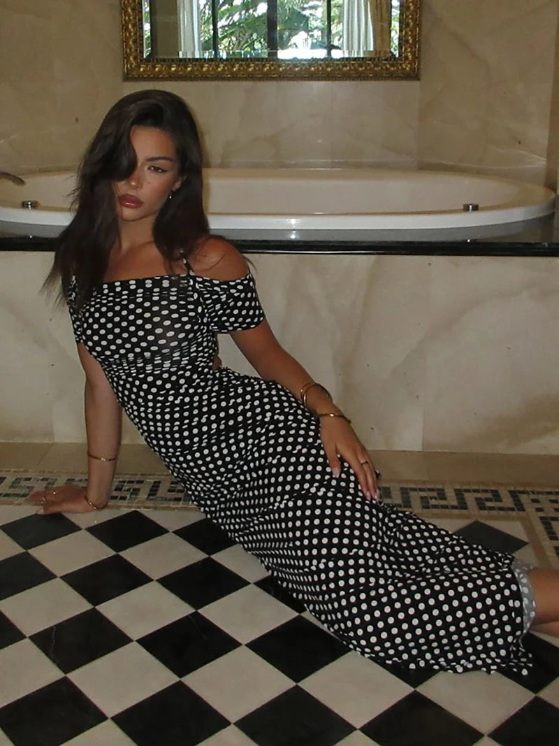 Off-shoulder Polka Dot Maxi Dress For Women Gown Fashion Halter Sleeveless Backless bodycon Split Long Dress Elegant