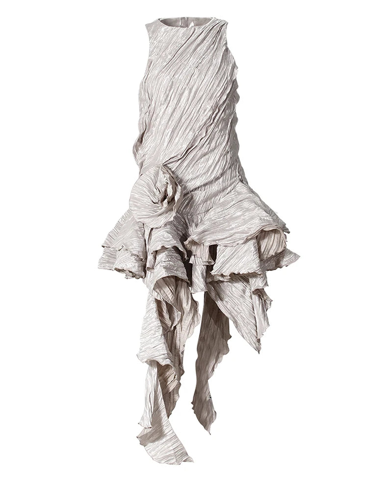 Women Silver Gray Textured Pleated Ruffles Vest Dress New Round Neck Sleeveless Fashion Tide Spring Summer 2025 7AB9278