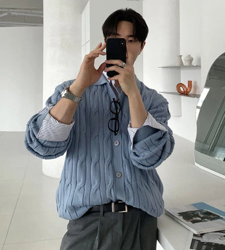 Korean Style Men's Sweaters Turn-down Collar Solid Color Knitting Casual Single Breasted Loose Male Cardigan Trendy 9C9312