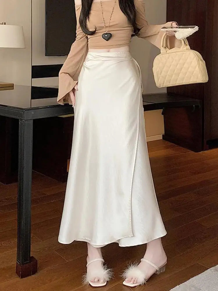 French Fashion Solid High Waist Lace-up Long Skirts 2025 Spring Summer Women Vacation Pleated Fishtail Skirt Simplicity Popular