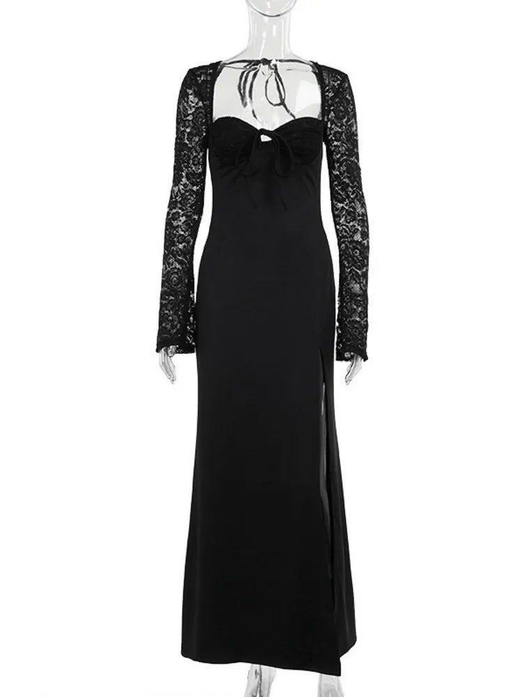 Lace Long Sleeve Sexy Maxi Dress Women Autumn New Square Collar Backless Lace-up High Split Sexy Club Party Long Dress