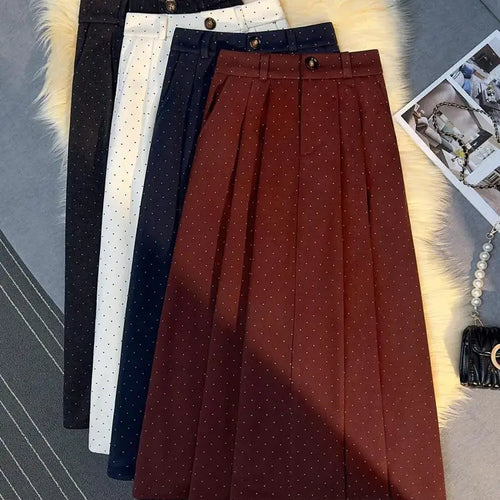 Load image into Gallery viewer, French Vintage Women Polka Dot Elegant High Waist Party Long Skirts 2024 Autumn Winter Woolen A-line Pleated Half Skirt Fashion
