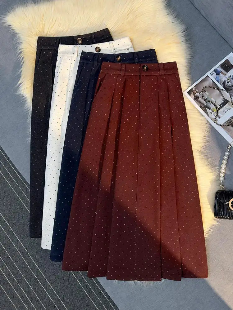 French Vintage Women Polka Dot Elegant High Waist Party Long Skirts 2024 Autumn Winter Woolen A-line Pleated Half Skirt Fashion