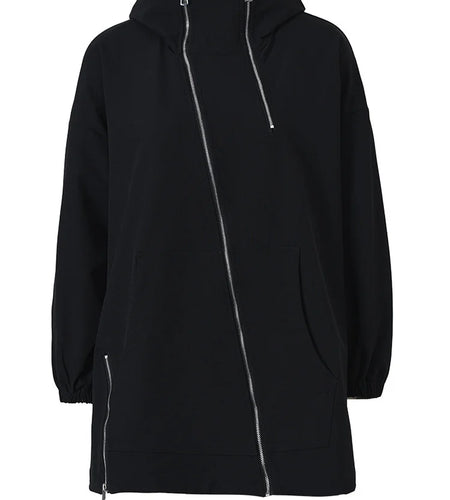 Black Zipper Irregular Big Size Long Jacket New Hooded Long Sleeve Women Coat Fashion Spring Autumn 2025 1DF165801