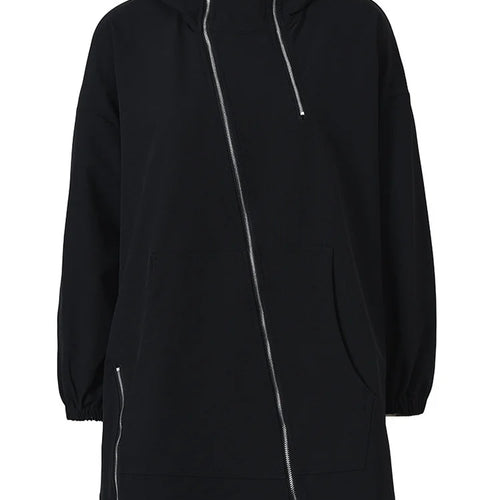 Load image into Gallery viewer, Black Zipper Irregular Big Size Long Jacket New Hooded Long Sleeve Women Coat Fashion Spring Autumn 2025 1DF165801
