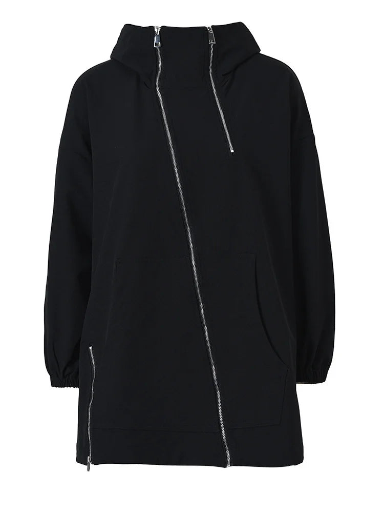 Black Zipper Irregular Big Size Long Jacket New Hooded Long Sleeve Women Coat Fashion Spring Autumn 2025 1DF165801
