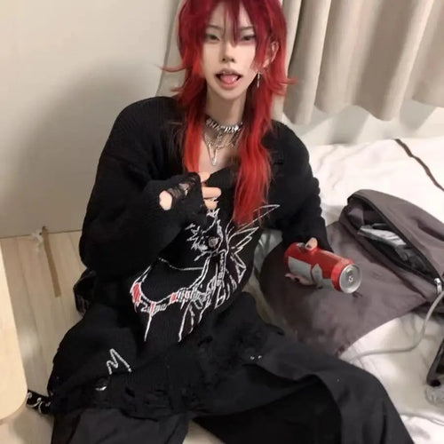 Load image into Gallery viewer, Autumn Gothic Black Hole Sweater Women Cartoon Embroidery Y2k Aesthetic Grunge Pullover Casual Loose Streetwear Oversized Jumper
