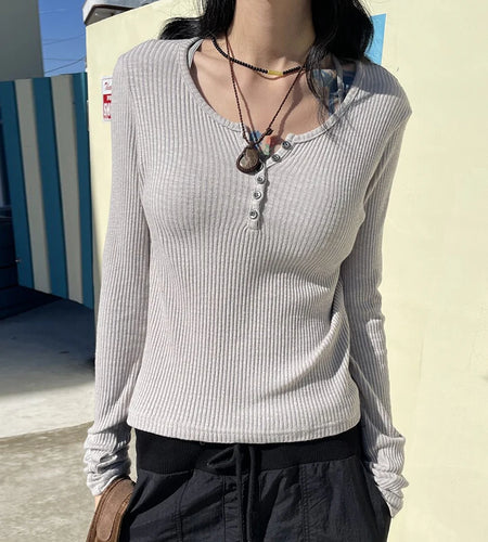 Korean Fashion Solid Buttons Autumn Tee Shirt Basic Casual Ribbed Knit Top Harajuku Women's T-shirt Long Sleeve Cloth