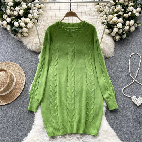 Load image into Gallery viewer, Retro Women Solid Round Neck Medium Length Sweater Autumn Winter Long Sleeve Loose Knitted Pullover Tops Casual Trend Simplicity
