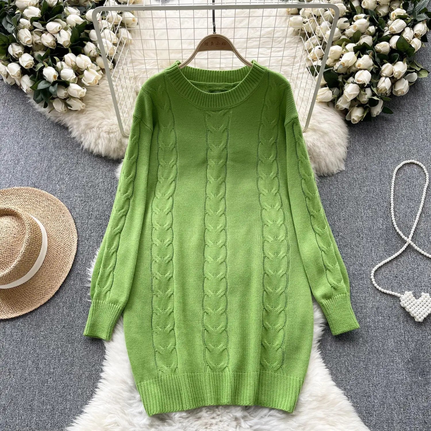 Retro Women Solid Round Neck Medium Length Sweater Autumn Winter Long Sleeve Loose Knitted Pullover Tops Casual Trend Simplicity