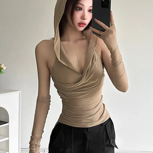 Load image into Gallery viewer, Y2k Aesthetic Sexy Streetwear Mesh Hooded Top Streetwear Sleeveless Bandage T-shirt Women Harajuku Solid Fairy Grunge Tee Shirts
