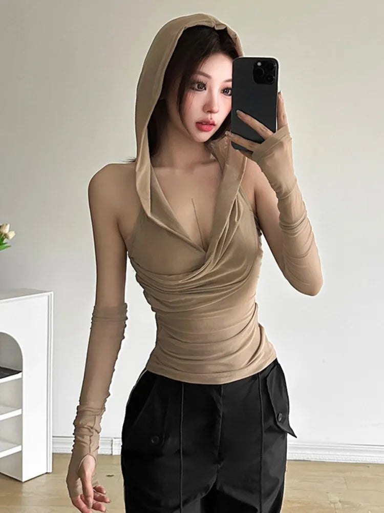 Y2k Aesthetic Sexy Streetwear Mesh Hooded Top Streetwear Sleeveless Bandage T-shirt Women Harajuku Solid Fairy Grunge Tee Shirts