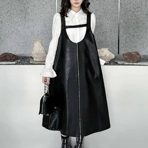 Load image into Gallery viewer, Women Black Big Size PU Leather Zipper Strap Dress New Square Collar Sleeveless Fashion Tide Spring Autumn 2025 1DH4461
