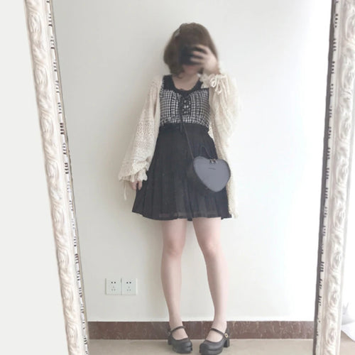 Load image into Gallery viewer, 2025 Summer Y2k Aesthetic Women Cardigan Solid Sweet Lace Hollow Out Loose Knitted Harajuku Grunge Lantern Sleeve Bandage Tops
