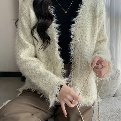 Load image into Gallery viewer, Tassel Knitted Women&#39;s Sweater Autumn Winter Korean New Chic Female Cardigan Coat Woman Beige Sweaters Single-breasted
