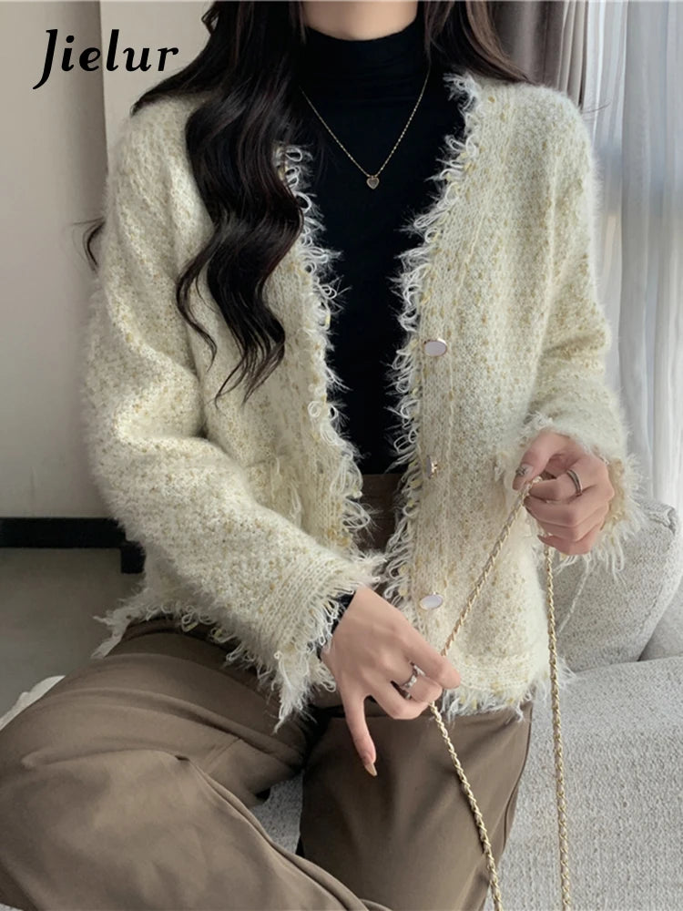 Tassel Knitted Women's Sweater Autumn Winter Korean New Chic Female Cardigan Coat Woman Beige Sweaters Single-breasted