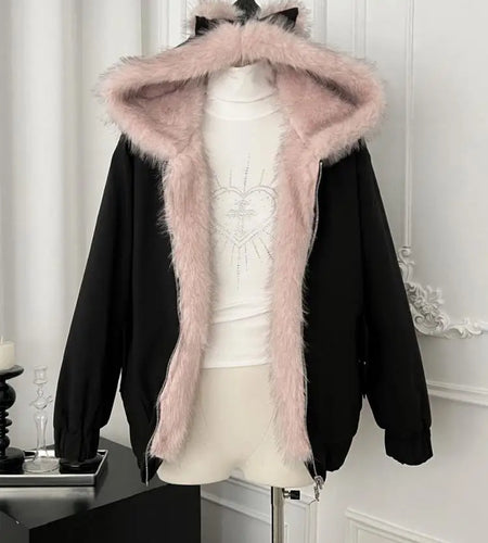 Korean Fashion Black Velvet Long Sleeve Versatile Zipper Jacket Women Autumn Winter Elegant Single Breasted Hooded Coat Tops New