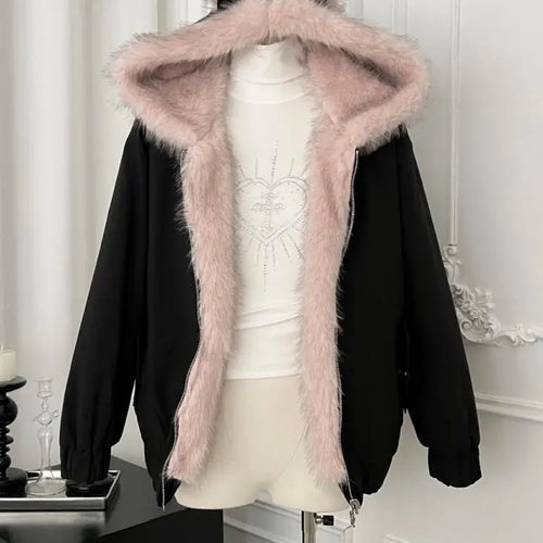 Load image into Gallery viewer, Korean Fashion Black Velvet Long Sleeve Versatile Zipper Jacket Women Autumn Winter Elegant Single Breasted Hooded Coat Tops New
