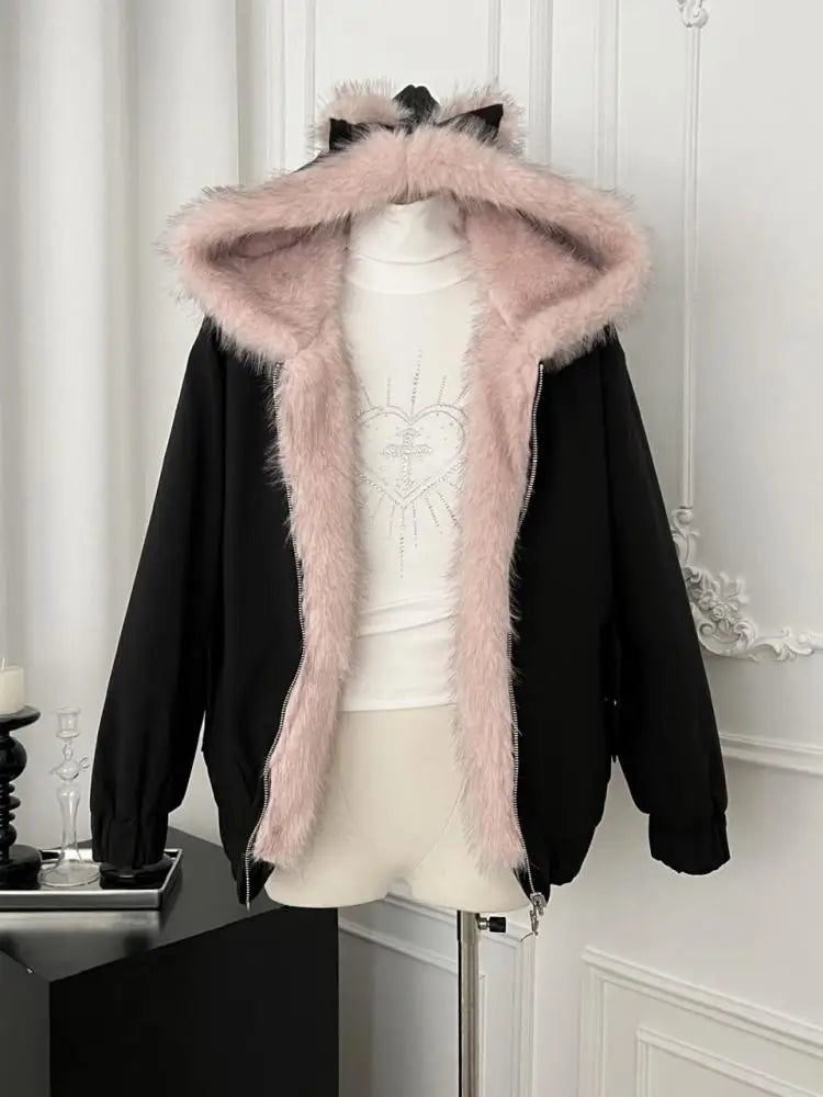 Korean Fashion Black Velvet Long Sleeve Versatile Zipper Jacket Women Autumn Winter Elegant Single Breasted Hooded Coat Tops New