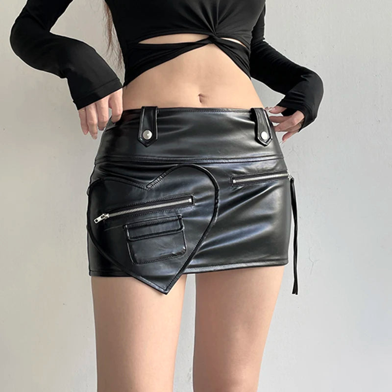 Streetwear Fashion Bodycon Leather Skirt Zipper Low Waisted Heart Shape Party Mini Skirt Ladies Hottie Club Outfits