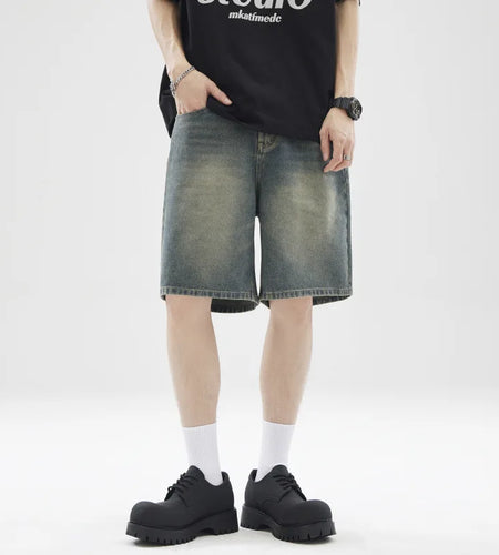 Men's Denim Shorts Solid Color Summer American Fanshion Style Cleanfit Five Quarter Jeans Male Loose Clothing 2025 9W1354