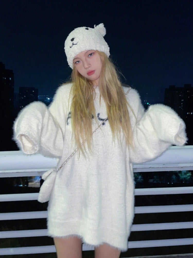 Autumn Winter Soft Mohair Pullover Women Caual Loose White Sweater Warm Knitting Y2k Aesthetic Sueter Mujer Streetwear