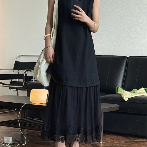 Load image into Gallery viewer, Women Beige Mesh Lace Spliced Elegant Long Vest Dress New Round Neck Sleeveless Fashion Tide Spring Summer 2025 1DJ1216
