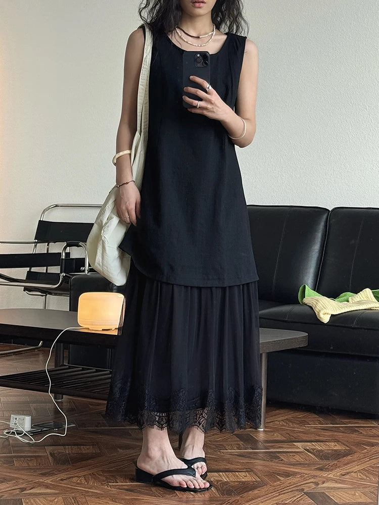 Women Beige Mesh Lace Spliced Elegant Long Vest Dress New Round Neck Sleeveless Fashion Tide Spring Summer 2025 1DJ1216