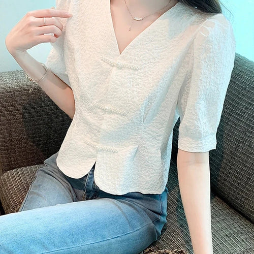 Load image into Gallery viewer, Chinese Style Chic Buttons V-neck Women Shirt Solid Color Puff Sleeve Single Breasted Elegant Office Lady Fashion Shirts
