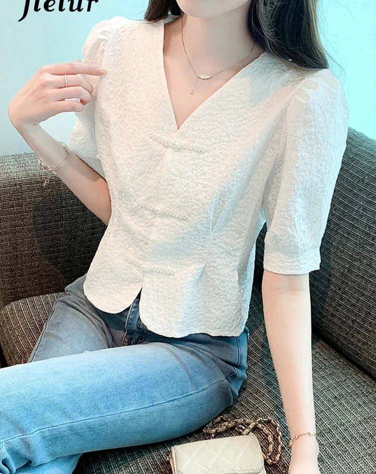 Chinese Style Chic Buttons V-neck Women Shirt Solid Color Puff Sleeve Single Breasted Elegant Office Lady Fashion Shirts