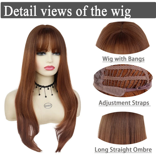 Load image into Gallery viewer, Synthetic Hair Wig Long Wigs for Women Ombre Brown Straight Wig with Bangs Heat Resistant Costume for Woman Carnival Party Wig
