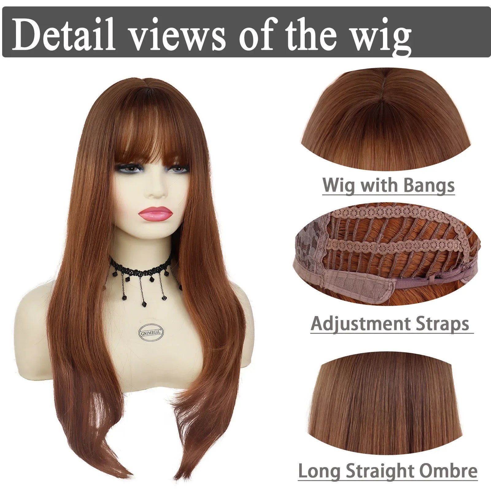 Synthetic Hair Wig Long Wigs for Women Ombre Brown Straight Wig with Bangs Heat Resistant Costume for Woman Carnival Party Wig