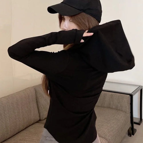 Load image into Gallery viewer, Autumn Women Black Short T-shirt Sexy Crop Tops Long Sleeve Bandage Korean Style Tees Solid Kpop
