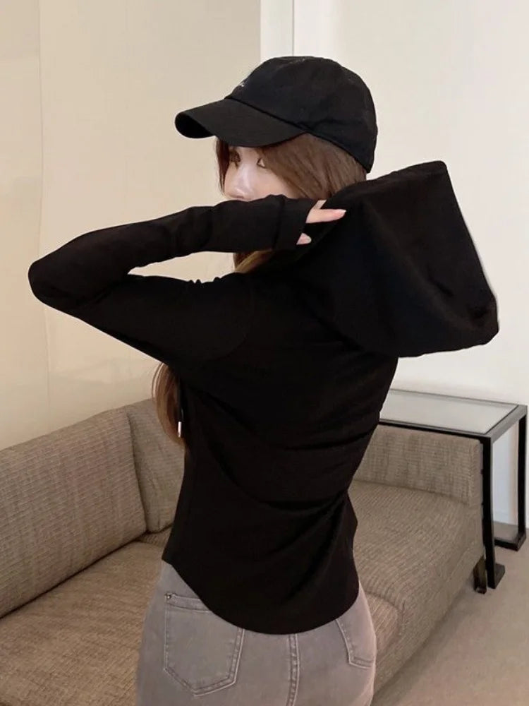 Autumn Women Black Short T-shirt Sexy Crop Tops Long Sleeve Bandage Korean Style Tees Solid Kpop