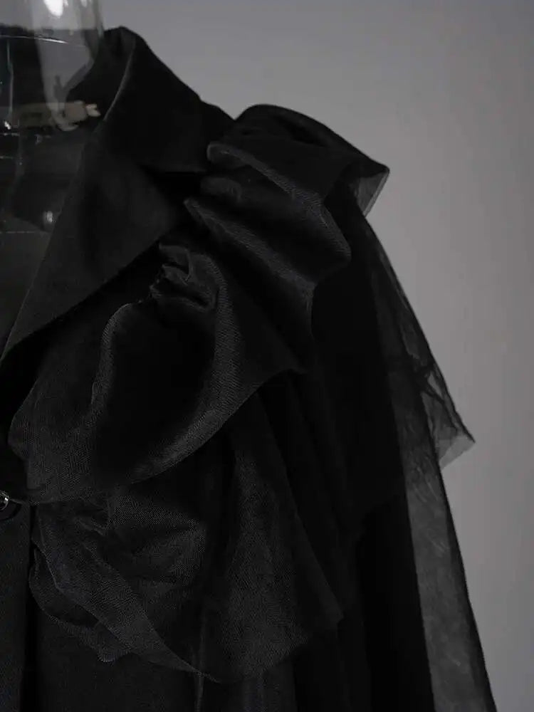 Women Black Irregular Mesh Ruffles Big Size Blazer New Lapel Long Sleeve Jacket Fashion Tide Spring Autumn 2025 CP3519