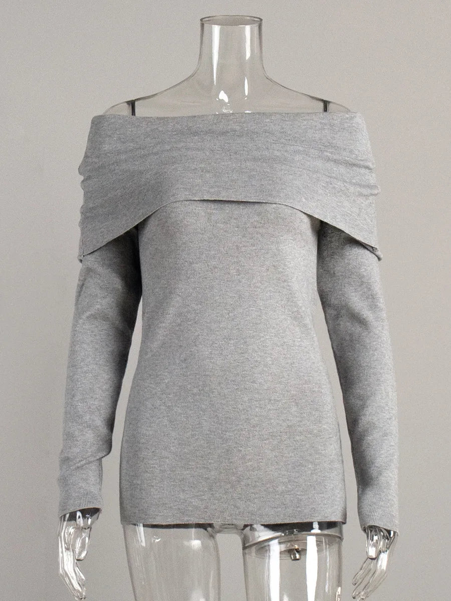 Elegant Knitted Long Sleeve Sweater High Elasticity Slim Top For Women 2025 New Winter Sexy One Shoulder Tight Sweater