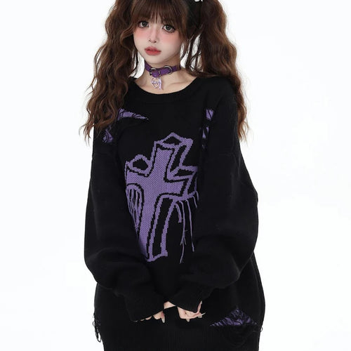 Load image into Gallery viewer, Harajuku Vintage Jacquard Knitted Sweater Women Causal Loose Y2k Aesthetic Pullover 2025 Antumn Hollow Out Tassels Jumpers Tops
