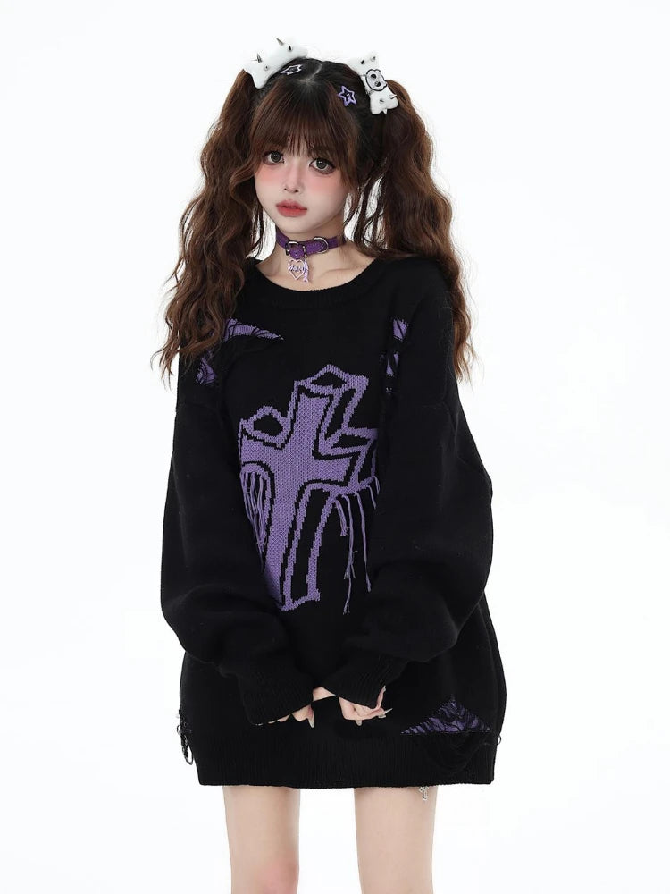 Harajuku Vintage Jacquard Knitted Sweater Women Causal Loose Y2k Aesthetic Pullover 2025 Antumn Hollow Out Tassels Jumpers Tops