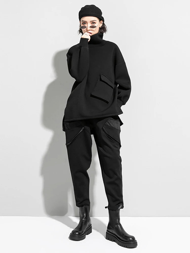 Women Big Size Pocket Irregular T-shirt New Turtleneck Long Batwing Sleeve  Fashion Tide  Spring Autumn 2025 1DD1482