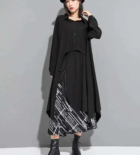 Women Black Irregular Back Long Big Size Blouse New Lapel Long Sleeve Loose Fit Shirt Fashion Spring Autumn 2025 1DF6517