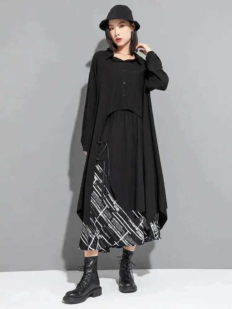 Women Black Irregular Back Long Big Size Blouse New Lapel Long Sleeve Loose Fit Shirt Fashion Spring Autumn 2025 1DF6517