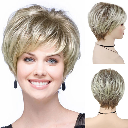 Load image into Gallery viewer, Synthetic Blonde Wigs for White Women Short Layered Pixie Cut Ombre Wig with Dark Root Side Part Bangs Wig Daily Party
