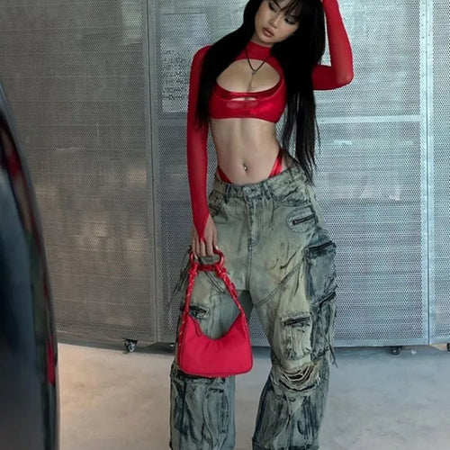 Load image into Gallery viewer, See Through Slim Women Hollow Out Harajuku T-shirt Sexy Y2k Aesthetic Mesh Harajuku Red Tshirts Streetwear Red Grunge Crop Tops
