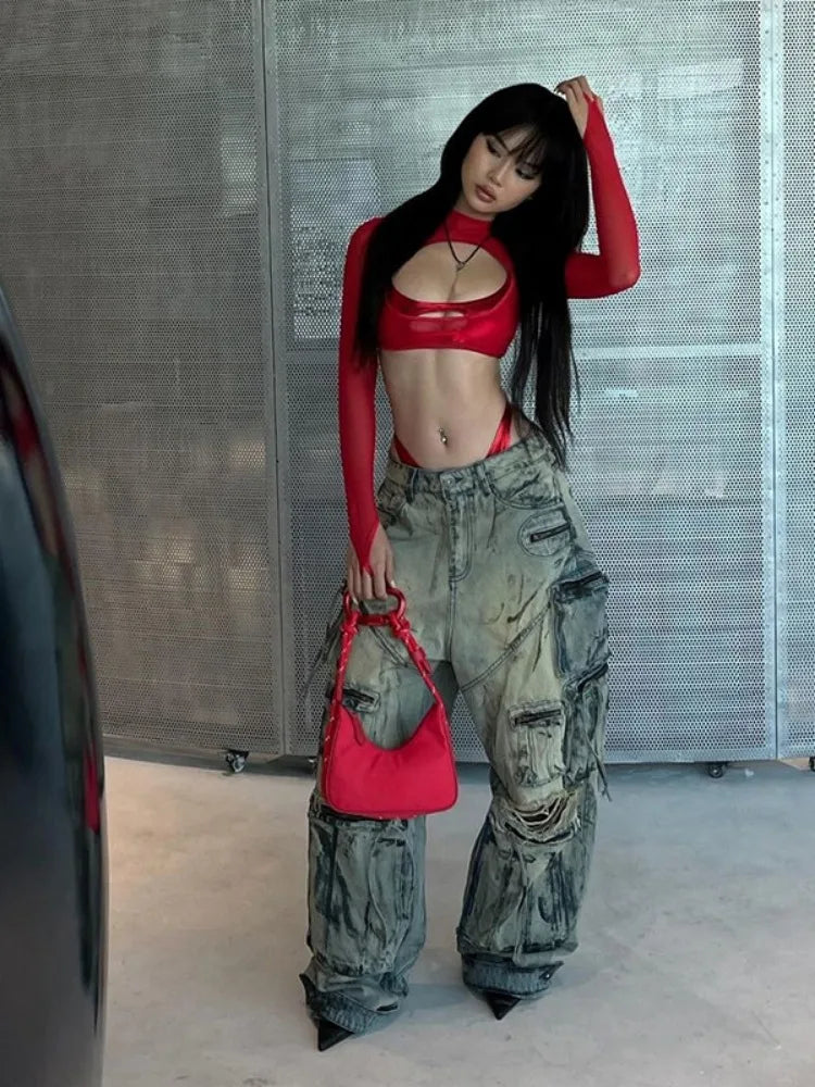 See Through Slim Women Hollow Out Harajuku T-shirt Sexy Y2k Aesthetic Mesh Harajuku Red Tshirts Streetwear Red Grunge Crop Tops